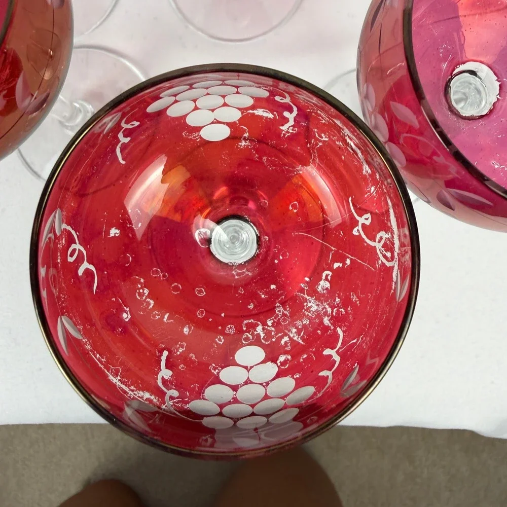 Vintage Cranberry Glass Cordial Set 6 Red Etched Grape Vine Clear Stem Barware